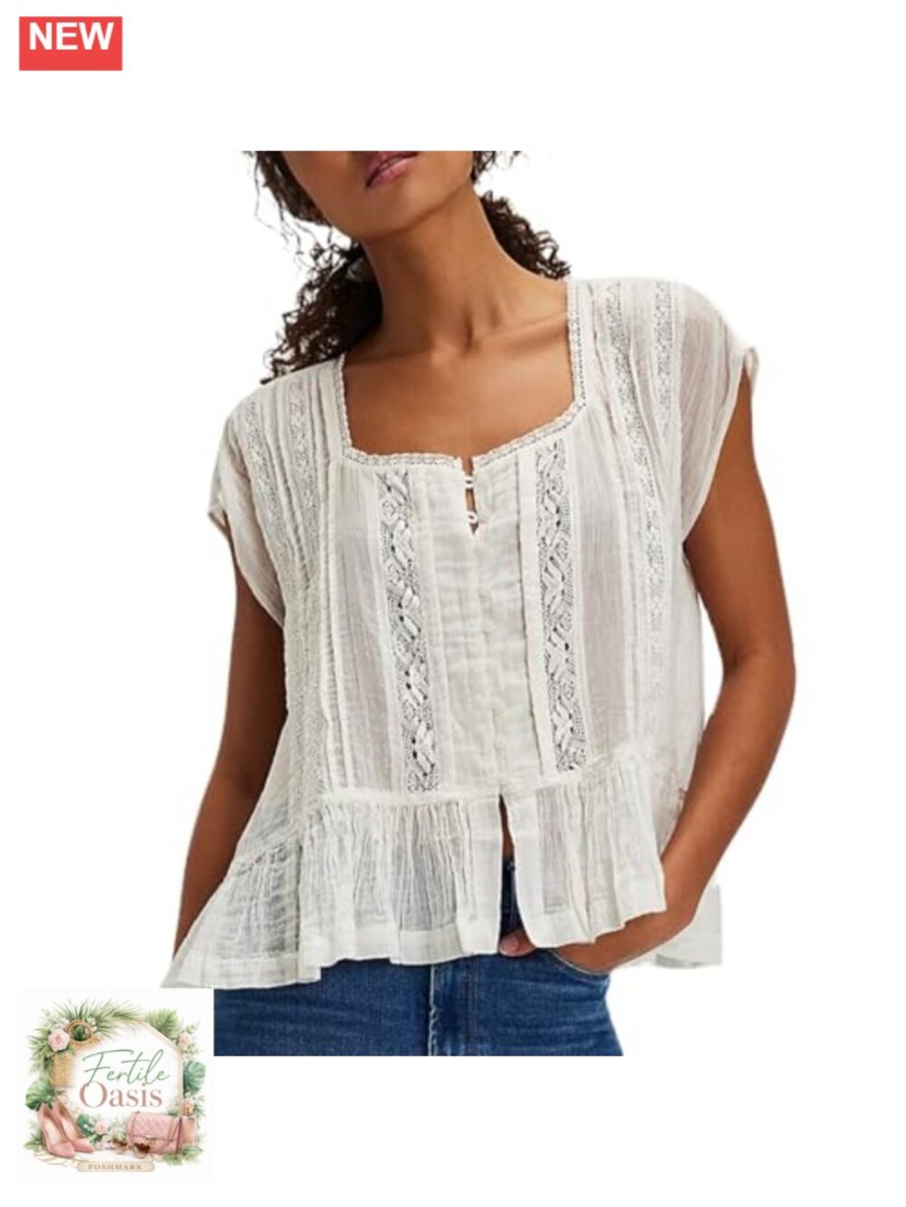 Y2K Semi Sheer Lace Trim Blouse Short Sleeve Butto